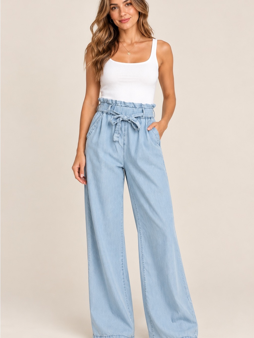 Thread & Supply Light Wash Paperbag Waist Wide Leg Denim Pants